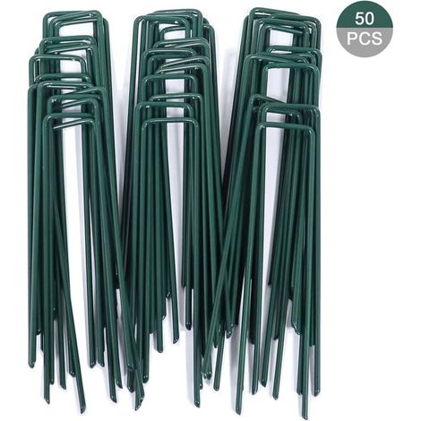 TONCHEAN Pflanzenmulch, 50 Stück Gartenbefestigungspfähle, U-förmige Rasenklammern für Unkrautvlies, feuerverzinkt (150 mm Höhe)