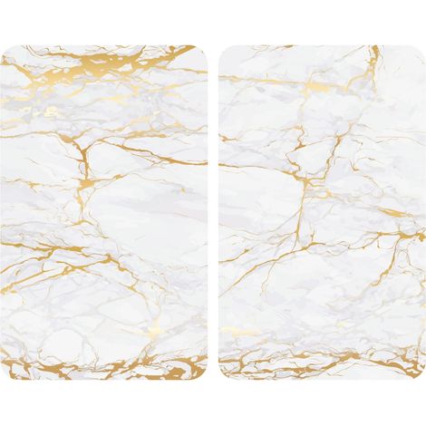 WENKO Coprifornelli universali marmo oro - Set di 2 coprifornelli per tutti i tipi di fornelli, Vetro temperato, 30 x 52 cm, Bianco (1/7)