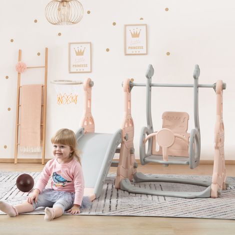 Scivolo per bambini, scivolo da giardino, scivolo multifunzione 4 in 1 per bambini con supporto da basket, scala da arrampicata, altalena per uso interno ed esterno, rosa (1/5)