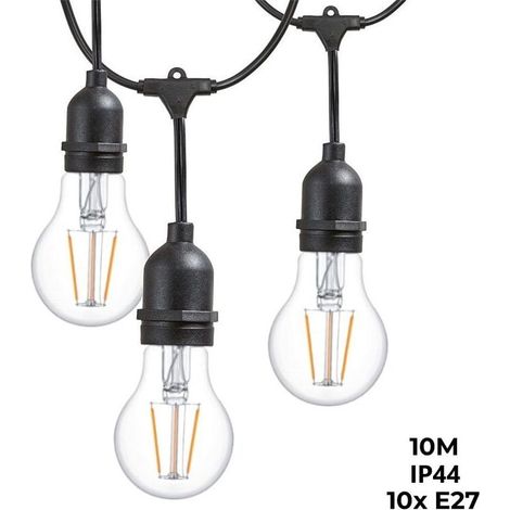 Guirlande lumineuse d'extérieur 10 mètres – 10 douilles E27 – IP44 pour éclairage extérieur abrité – 60W max – Espacement 1 mètre (1/5)