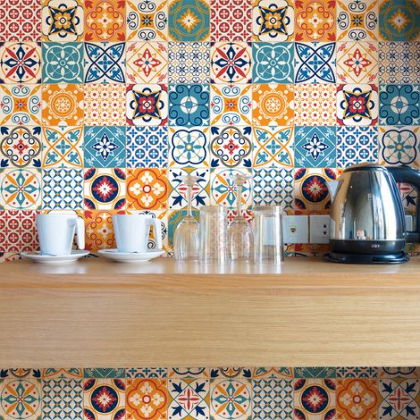 Sticker Mural Carrelage adhésif Cuisine Salle de Bain - 9 STICKERS CARREAUX DE CIMENT AZULEJOS ANDRIANA - 9stickers20x20cm (1/5)