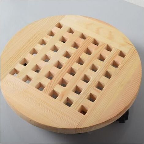 Plateau de pot de fleur rond en bois de couleur bois de 40 cm de diamètre, support de fleur mobile avec base de pot de fleur à roulettes, 2 pièces (1/4)