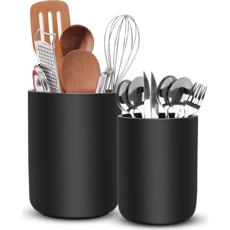Porte Ustensiles cuisine, Ustensiles de Cuisine En Céramique pour le Comptoir de Cuisine, Rangement Ustensiles Cuisine,2 Pots pour Ustensiles de Cuisine pour Spatules, Cuillères, Fourchettes(Noir) (1/5)