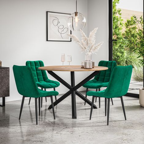 Malvern Round Dining Table And Chairs -  Oak Table Top w Solid Black Oak Legs + Nova Velvet Dining Chair Set Of 4 (Green) (1/5)