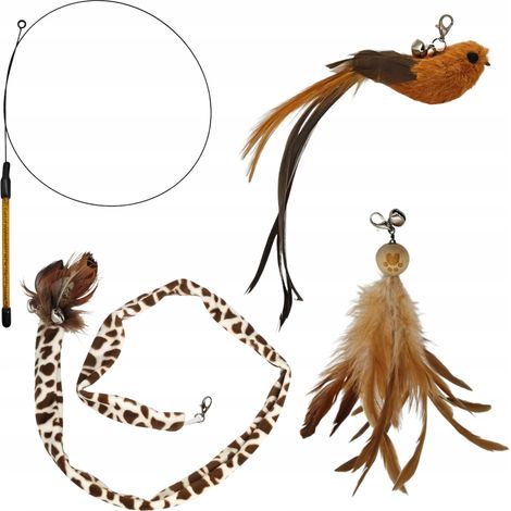Canne à pêche pour chat, 3 jouets avec clochette, plumes d'oiseau, longue queue, ensemble (1/5)