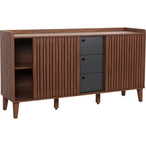Aparador HHG-417, cómoda, compartimento de almacenamiento con puerta corredera, MDF 81x150x40cm, aspecto nogal, cajones gris oscuro (1/5)