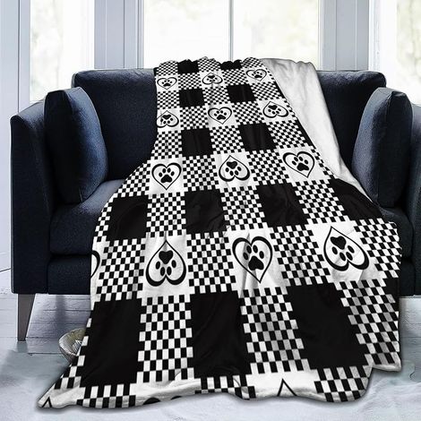 Couverture De Canapé - Microfibre - Motif Échiquier Avec Cœurs Et Pattes De Chien - Noir Et Blanc - 150 X 200 Cm - 1 Pièce (1/5)