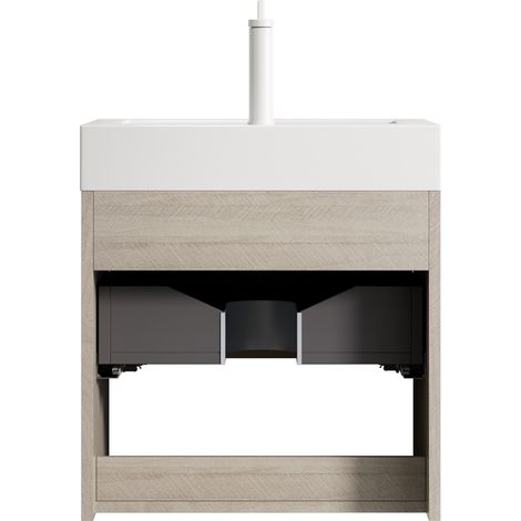 Meuble lavabo mural 55 cm avec vasque intégrée blanche en résine et structure en contreplaqué finition chêne clair (1/5)