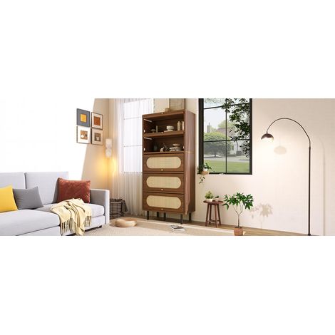 Buffet noyer avec rotin 80x40x163 cm, armoire haute 5 abattants, commode bois pieds métal, grand rangement, salon, entrée, placard de cuisine (1/5)