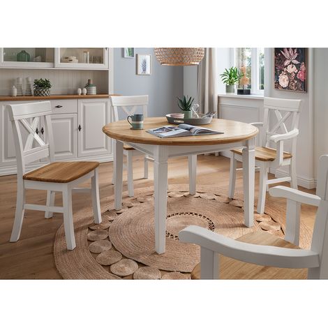 Esstischgruppe weiß ESBJERG-69 Landhausstil in Kiefer weiß lackiert mit Eiche massiv 5-teilig (1/5)