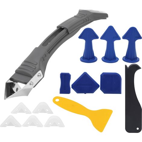 Kit d'outils de finition pour calfeutrage : grattoir à colle pour plastique et verre, kit de buses pour jointoiement et calfeutrage. (1/5)