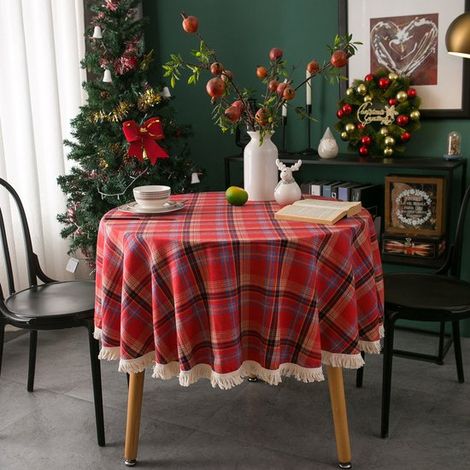 Mantel redondo cuadros, Mantel redondo vintage, fiestas Mantel cuadros, festiva Mantel, Mantel redondo borlas, mesa (tamaño: 120 cm), 120120 cm (1/5)