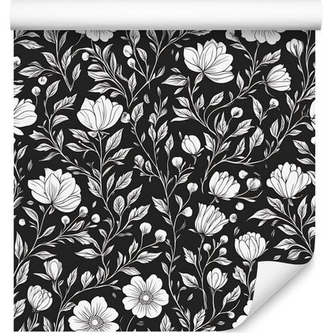 Papier peint à fleurs noires et blanches, motif graphite, centre graphite, 50 x 1000 cm (1/5)