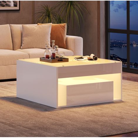 Table basse carrée 70 x 70 cm avec LED, plateau en verre trempé et rangement, blanc HAVRYA (1/5)