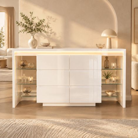 Credenza LED bianco lucido con 6 cassetti e 4 ripiani in vetro, 155 x 40 x 80 cm (1/5)