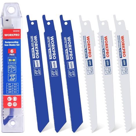 Workpro – Lames de scie sabre 6 pièces BIM 14/18/24/6 TPI – Pour métal et bois – Boîte de rangement incluse – Coupe précise et durable