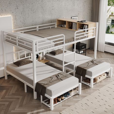 Lit superposé triple 140x200 et 90x200 cm pour enfants et adultes avec sommiers à lattes étagère intégrée et rangement chaussures en métal et bois blanc - 239x208x161 cm (1/5)