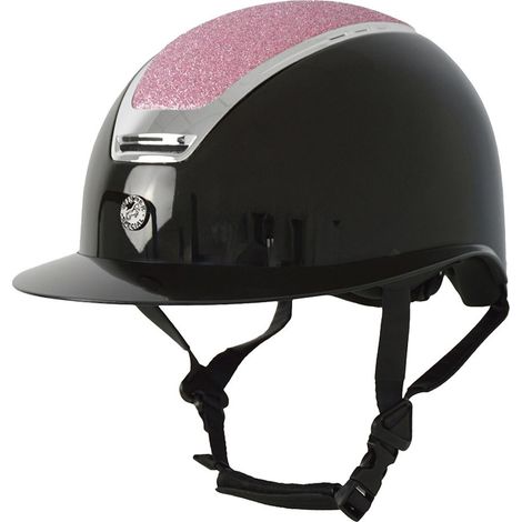53-56 CM, NERO: Casco da equitazione con calotta e visiera larga lucide e con frame cromato impreziosito da glitter rosa (1/5)