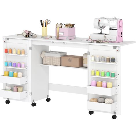 Table de couture pliante à 2 portes magnétiques, table de bricolage roulante avec 4 boîtes, 20 épingles de maintien, compartiment de rangement, blanche (1/5)