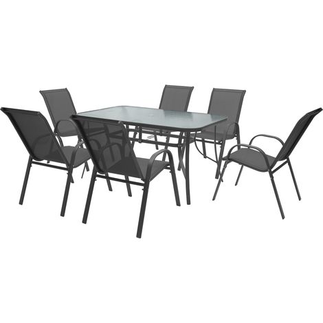 Set Tavolo Sedie Da Giardino 7 Pezzi, Tavolo Da Pranzo Terrazzo In Metallo Piano In Vetro Con Foro Ombrellone 6 Sedia Da Esterno Impilabili Con Schienale Alto,Veranda Grigio (1/5)