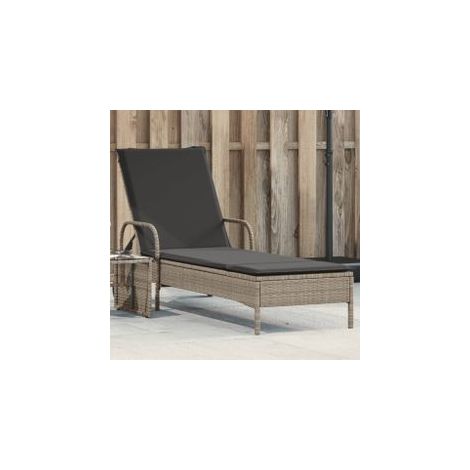 Chaise longue avec roues et coussins gris clair résine tressée (1/5)