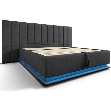 Letto contenitore 160x200 cm grigio in lino con LED, USB/USB-C, MODENUIT (1/5)