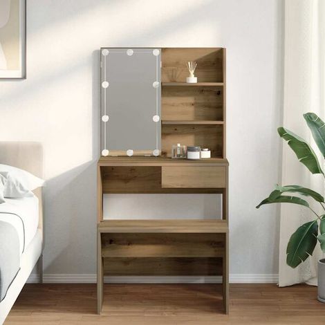 Coiffeuse avec Miroir LED, Table de Maquillage en Chêne Massif et Bois d'Ingénierie, Ensemble Complet pour Chambre (1/5)