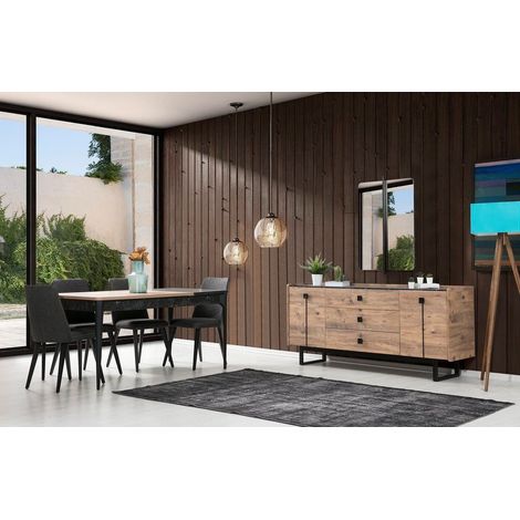 Salle à manger HEDEF bois, métal noir et effet marbre