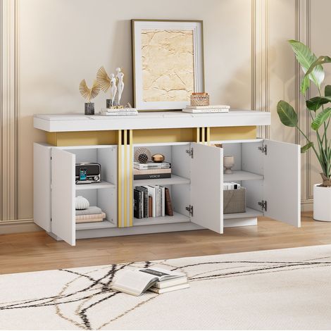 Credenza 140x38x70 cm in pannelli di legno bianchi con contenitore - FLORAGRACE (1/5)