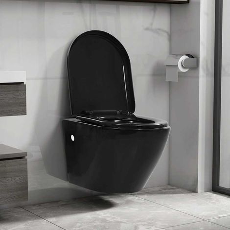 vidaXL Toilette suspendue au mur sans rebord Céramique Noir (1/5)