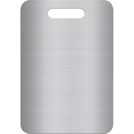 Tagliere a doppia faccia in acciaio inox 304 senza BPA, ideale per carne, pane, verdura e frutta, ampia superficie di taglio (34 x 23 cm), resistente e igienico. (1/4)