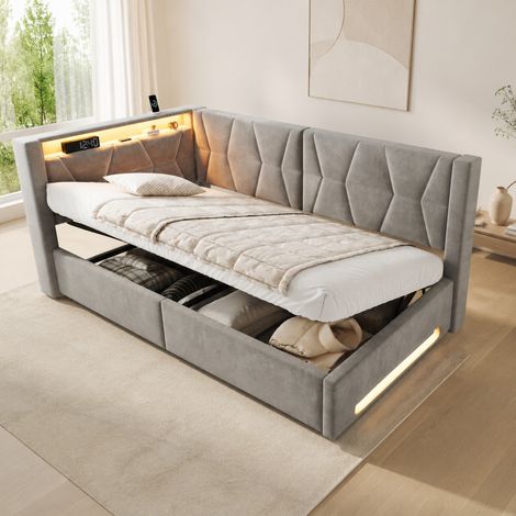 Polsterbett 90x200 cm mit LED, USB Type-C, Lattenrost und grauem Samt OKMYHOME (1/5)