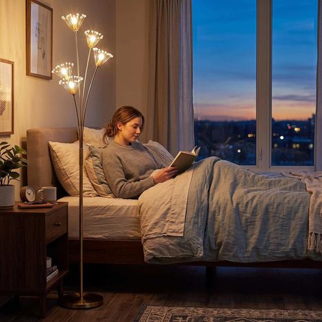 Lampadaire design pissenlit en métal doré, interrupteur au pied, base 28 cm, salon et chambre (1/5)