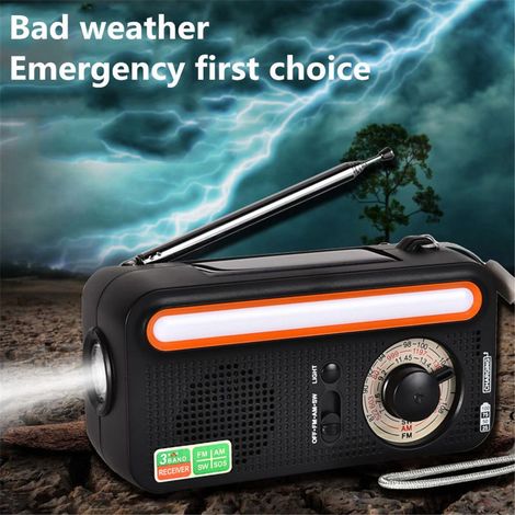 Radio d'urgence à manivelle, chargeur de téléphone portable, lampe torche de camping, noire