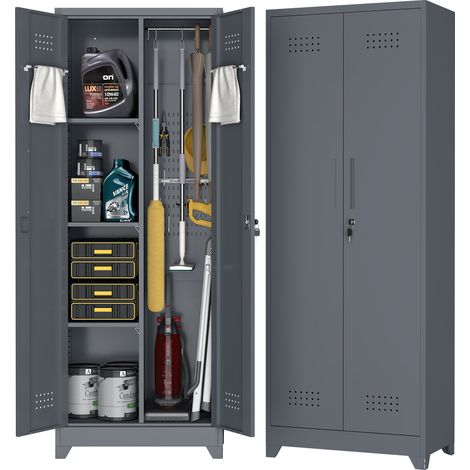 Armoire de rangement pour balais avec portes verrouillables et étagères, armoire de rangement en métal de 65" H avec barre de suspension et crochets en S, armoire de rangement pour outils de nettoyage (1/5)