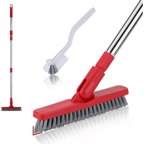Brosse de nettoyage robuste pour joints de carrelage avec poils rigides, brosse à récurer le sol avec long manche réglable, pour douche, salle de bain, garage, terrasse, coin plinthe (1/5)