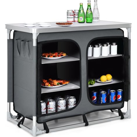 GOPLUS Placard de Camping, Table de Barbecue Piquenique avec Organisateur de Rangement à Fermeture Éclair et Poches Latérales, Armoire de Camping avec Plateau de Table, Sac de Transport (1/5)