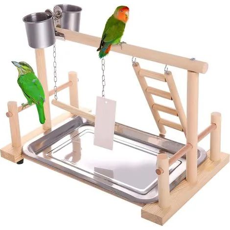 Aire de jeux en bois pour oiseaux, perchoir avec mangeoires, échelle, balançoire et jouets d'exercice polyvalents pour perruches, conures et calopsittes. Accessoires pour cage. (1/3)