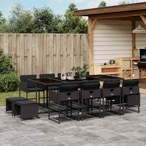 Set comedor de jardín con cojines 13 pzas ratán sintético negro
