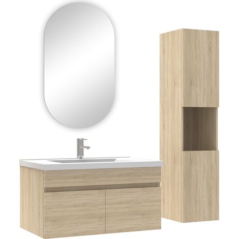 Acezanble ensemble Salle de Bain avec colonne et miroir ovale 80cm meuble Chêne Wotan (1/4)