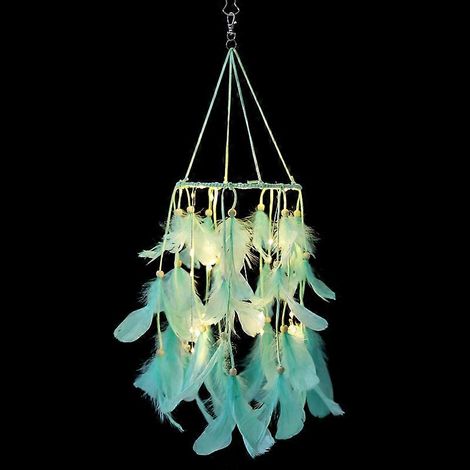 Plume Verte Dream Catcher Mobile avec LED Guirlande Lumineuse Tenture Murale Ornements Dcor de Plafond Bohme Mariage Boho Dcorations Dcor de Ppin (1/5)