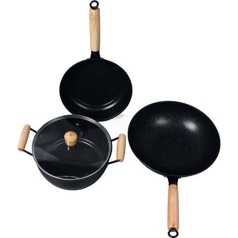Lot de 3 poêles en fer avec manche en bois, antiadhésives, casserole et marmite pour cuisine (1/5)