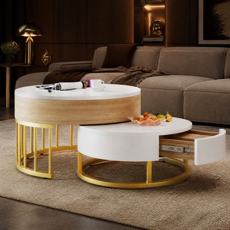 Table basse ronde 70x70x56 cm blanc et doré – plateau relevable, sans matelas (1/5)