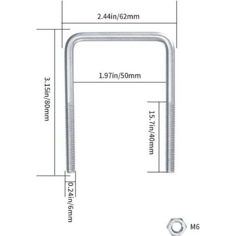 6 bulloni a U, bulloni a U M6, bulloni a U in acciaio inox con dado, piastre e rondelle, bulloni di serraggio per fissaggio tubi (angolo retto 80x50mm) (1/4)