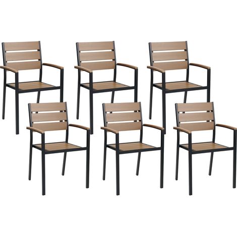 Conjunto de 6 sillas de jardín de metal negro madera clara respaldo láminas Vernio (1/5)