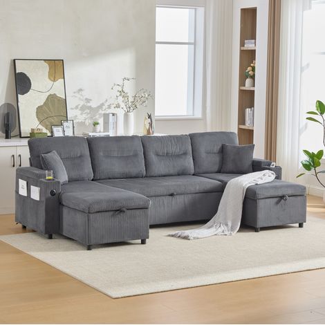 Canapé d'angle 4 places convertible, double chaise longue, rangement, USB DESVIAE (1/5)