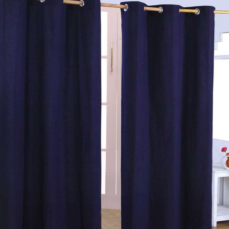 HOMESCAPES Plain Off Navy Blue Cotton Eyelet Curtains 137 x 228 cm