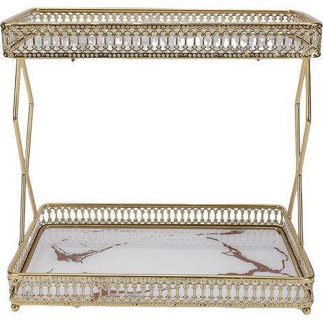 Étagère de rangement pour comptoir de salle de bain, gain de place, en fer et verre, à 2 niveaux, pour cosmétiques et parfums, blanche avec motifs dorés (1/5)