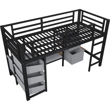 Lit mi-hauteur 90200 cm avec coussin d'assise, tiroir de rangement en tissu, poche de rangement en tissu, éclairage LED multicolore, zone de crochets pour vêtements, métal, sans matelas, noir (1/5)