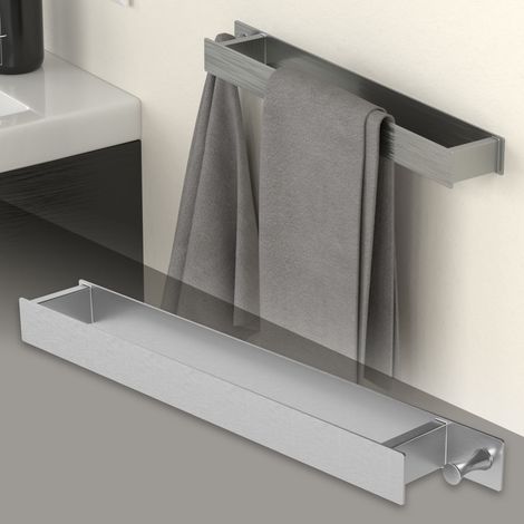 ML-Design Porte-Serviettes sans Percer 42cm, Autocollante, en Acier, Argent, Étagère Murale pour Salle de Bain, avec Crochet, Rangement Barre Métallique sans Perçage, Moderne, 5 Bandes Adhésives Incl. (1/5)